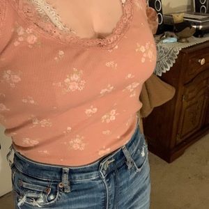 Pink/Coral Floral Print Ribbed Tank Top with Lace Trim